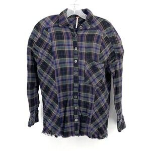 Free People Plaid Distressed Button Down Shirt Womens XS Purple Green Black Boho